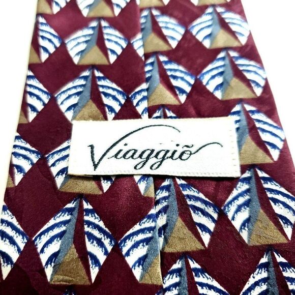 Viaggio Red Tan Geometric Jacquard Print Short Silk Tie - Picture 3 of 6